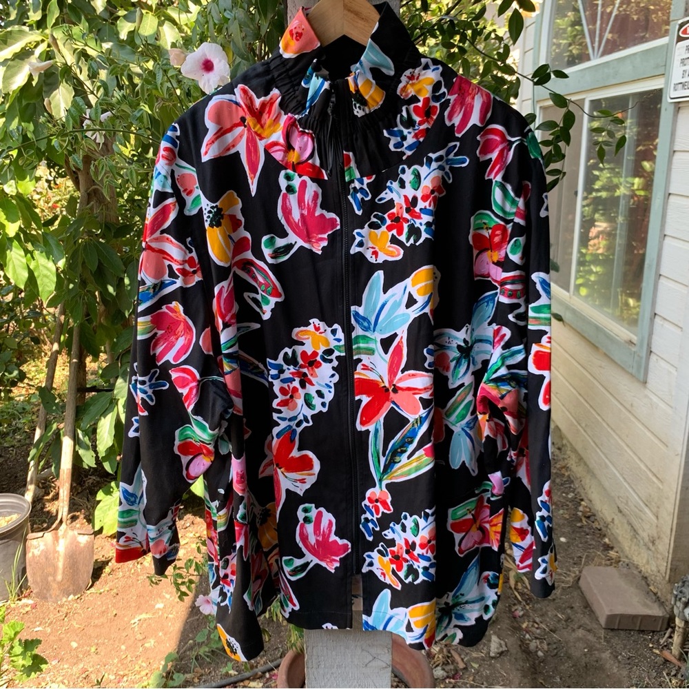 Vintage Caroline Rose 3x Made in USA womens jacket black floral full zip